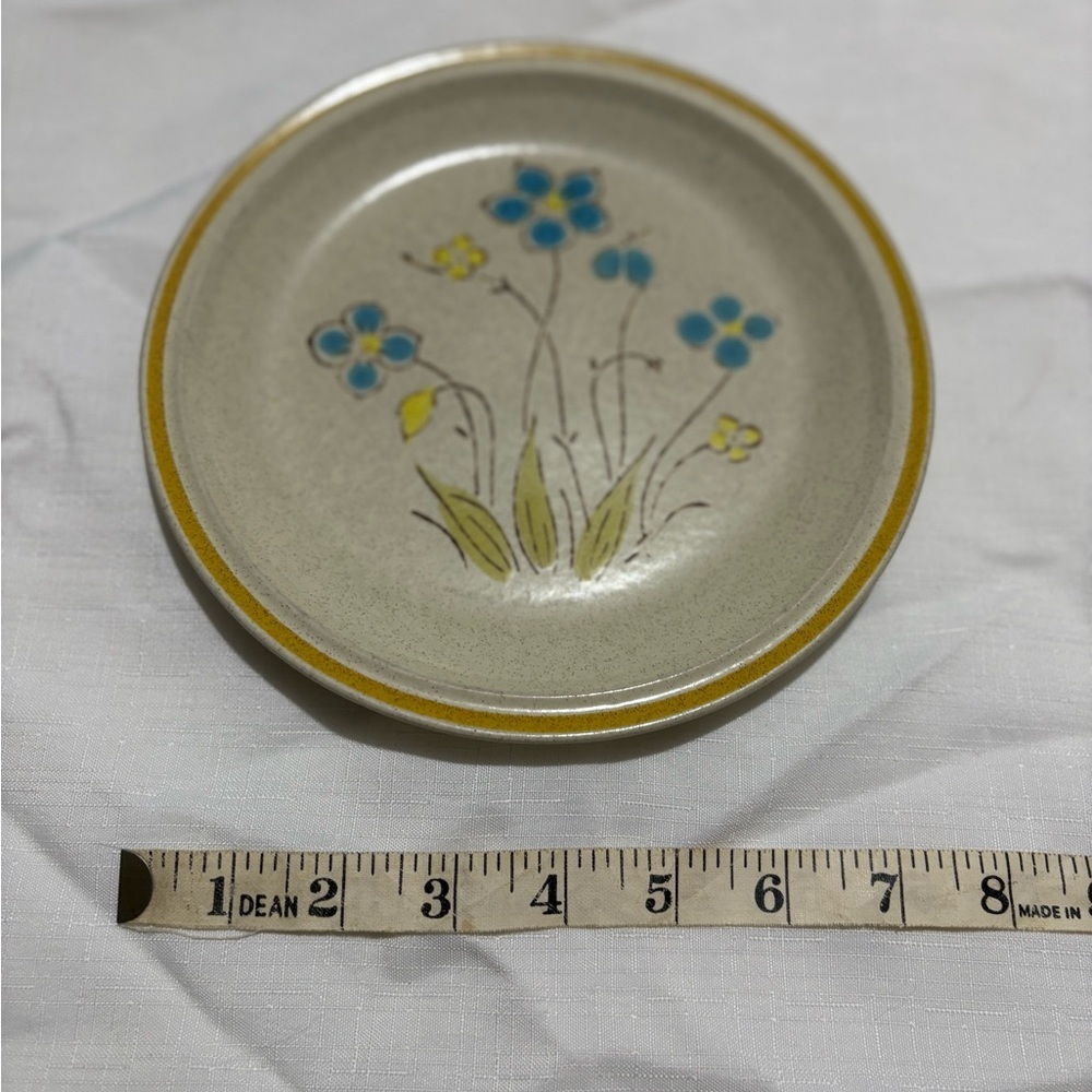 Vintage Stoneware Floral Patterned Plate with Yellow Rim